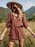 hulianfu Fashion Print Shorts Suits Women Vintage Long Sleeve Shirt and Short Pants Suit Two Piece Set Female Loose Lapel Casual Outfit
