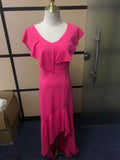 hulianfu European American Elegant Party Dresses Sexy V-neck Irregular Solid Color Maxi Dress Hem Ruffle Women Short Sleeve Floor-Length