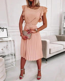 hulianfu Office Lady Midi Pleated Dresses  Summer Elegant Women's O-Neck Butterfly Sleeve Sashes A-line Dresses For Women Robe Femme