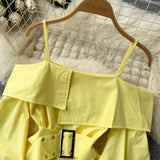 Hulianfu New Fashion Women Spring Summer Yellow Shirt Sexy Spaghetti Strap Slash Neck Off Shoulder Long Sleeve Blouse with Belt