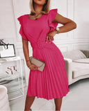 hulianfu Office Lady Midi Pleated Dresses  Summer Elegant Women's O-Neck Butterfly Sleeve Sashes A-line Dresses For Women Robe Femme