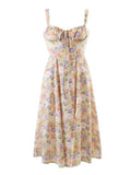 Hulianfu Spring Summer New Vintage Women Chic Lace-Up Slim Hollow Backless Slit Floral Square Collar Strap Long Midi Dress