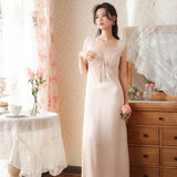 hulianfu V-Neck Sexy Sleeveless Long Nightdress for Women Bow Cute Nightgown Lace Sleepwear Ice Silk Loose Sleepdress Comfort Home Pijama