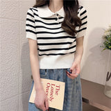 Hulianfu Summer Vintage Striped Polo Collar T Shirts Women's Knitted Short Sleeve Thin Cropped Tshirt Crop Top For Slim Girls