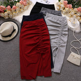 Hulianfu Women Solid Drawstring Sheath Skirts Elastic High Waist Female Fashion Bodycon Irregular Midi Pencil Skirts