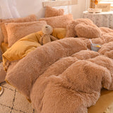 HULIANFU Nordic Pure Color Plush Duvet Cover Set with Sheet Pillow Covers Furry Winter Warm Kawaii Bedding Set Luxury Single Bed Sets