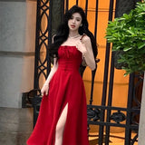 French Elegant White Strap Midi Dress  Summer New Casual Evening Party Dress Women Beach Sleeveless Lace-up Red Dress Korean