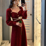 Hulianfu Vintage Button Dresses for Women Fairy Midi Party Dress Evening Office Lady Design One Piece Dress Elegant Korean Spring