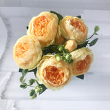 HULIANFU 2023 30cm Rose Pink Silk Peony Artificial Flowers Bouquet 5 Big Head and 4 Bud Cheap Fake Flowers for Home Wedding Decoration indoor