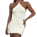 Hulianfu Women Knitted Bodycon Dress Sleeveless Lacing Halterneck Backless Slim Fit Mini Dress for Club Party