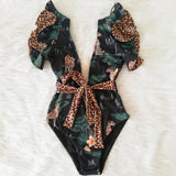 New Sexy Ruffle Print Floral One Piece Swimsuit Off The Shoulder Swimwear Women Solid Deep-V Beachwear Bathing Suit Monkini
