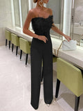 Hulianfu Jumpsuit Women Elegant Long Jumpsuit Strapless Slash Neck Feather Tube Top Sexy Fashion Party Night Evening Jumpsuit Summer