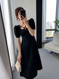 Hulianfu Summer Women Fashion Elegant Casual Solid Puff Sleeve Midi Dresses Evening Office Lady Female A Line Clothes Vestdios Black
