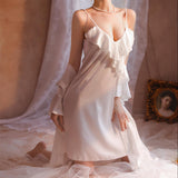 hulianfu Twinset White Robe Set Bride Sexy Kimono Bathrobe Gown Suit Sleepwear Nightgown Spring Summer Silky Satin Home Dress Lounge Wear