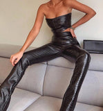Hulianfu Sleeveless Solid Pu Leather Backless Tube Top Leggings 2 Pieces Set Autumn Winter Women Sexy Streetwear Tracksuit