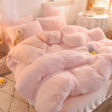 HULIANFU Nordic Pure Color Plush Duvet Cover Set with Sheet Pillow Covers Furry Winter Warm Kawaii Bedding Set Luxury Single Bed Sets