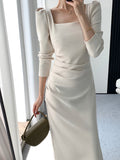 Hulianfu Square Collar Solid Wedding Maxi Dresses for Women Office Lady Bodycon Midi Dress Elegant Korea Fashion Clothes Autumn Robe