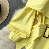 Hulianfu New Fashion Women Spring Summer Yellow Shirt Sexy Spaghetti Strap Slash Neck Off Shoulder Long Sleeve Blouse with Belt