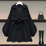 Hulianfu Autumn Office Ladies Elegant 2 Piece Sets Women Korean FashionTurn-down Iantern Long Sleeve Trench Coat And Bodycon Pants Sets