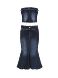 Hulianfu Sexy Denim Skirt Women Set Tube Tops Fur Edge Mermaid Dress Female Streetwear Set Summer Slim Sleeveless Spicy Suits