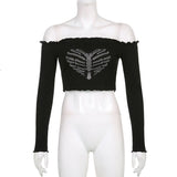 Hulianfu Off Shoulder Sexy Gothic Crop Top T-Shirts Women Clothes crop Rhinestone Skeleton Grunge Clothing Tee Y2K Shirt Core Tops vegan