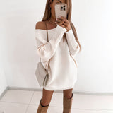 Hulianfu Sexy Off Shoulder Long Sleeve Sweater Dress Women 2022 Spring Loose Casual White Knitted Long Top Woman Mini Dresses Pull Femme