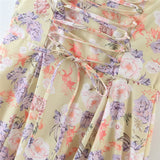 Hulianfu Spring Summer New Vintage Women Chic Lace-Up Slim Hollow Backless Slit Floral Square Collar Strap Long Midi Dress