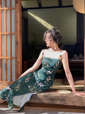 Hulianfu Women Slash Neck Sexy Strapless Retro Green Printing Elegant Temperament Fitting Suspender Slit Bodycon Long Midi Dress Summer