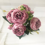 HULIANFU 2023 30cm Rose Pink Silk Peony Artificial Flowers Bouquet 5 Big Head and 4 Bud Cheap Fake Flowers for Home Wedding Decoration indoor