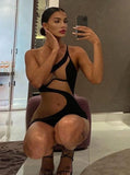 Patchwork Mini Dress Women Sexy Mesh One Shoulder High Waist Robe Girl Hot Bodycon Party Clubwear Female Midnight Skirt