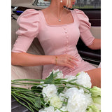 hulianfu Women Fashion Party Club Dress Robes Formal Women Sexy Slim Fit Square Neck  Bodycon Mini Dress
