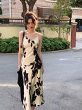 Hulianfu Vintage Elegant Print Spaghetti Strap Midi Dress for Women Party Fashion One Piece Bodycon Prom Robe Vestidos Summer Korean