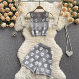 Summer Sweet Flowers Knitted Two Piece Set Women Sexy Crop Top + Shorts Suits Girls Short Vest & Pants Sets 2pcs Women Outfits