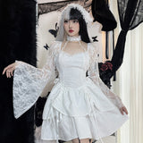 Halter Halloween Cosplay Costumes Gothic Lolita Party Dress White Black Flare Sleeve Fairy Princess Ruffle Cake Kawaii Dresses