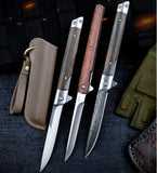 HULIANFU M390 Steel Folding Knife with Holster Wooden Handle Damascus Pattern High Hardness Outdoor Hunting Knife  Camping Survival Tools