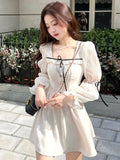 Hulianfu Lolita Bandage Mini Dress for Women Party Y2k Casual Long Flare Sleeve Vintage One Piece Dress Elegant Korea Fashion Autumn