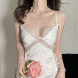 hulianfu Sexy Lace Strap Nightgown Women Long Nightdress Silky Satin Gown Home Dress Summer Nighty Robe Sleepshirt Backless Sleepwear