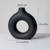 HULIANFU VILEAD Black Circular Hollow Ceramic Vase Donuts Nordic Flower Pot Home Decoration Accessories Office Living Room Interior Decor