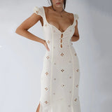 hulianfu hulianfu Sexy Hollow Out Midi Dress for Women Summer Elegant Chic V-Neck Slim Party Dress White Short Sleeve Casual Dress