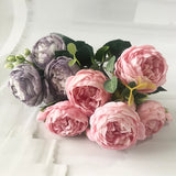 HULIANFU 2023 30cm Rose Pink Silk Peony Artificial Flowers Bouquet 5 Big Head and 4 Bud Cheap Fake Flowers for Home Wedding Decoration indoor