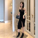 Hulianfu New Vintage Women Dress Spaghetti Strap Slit Velvet Black Dress Sexy Bodycon Bandage Dress Midi Party Dress Verano Vestidos