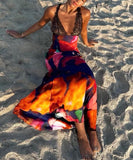 Hulianfu Elegant Tie Dye Floral Chiffon Dress For Women 2023 Summer Sexy Bandage Backless Lace Long Dresses Female Beach Evening Robe