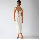 hulianfu hulianfu Sexy Hollow Out Midi Dress for Women Summer Elegant Chic V-Neck Slim Party Dress White Short Sleeve Casual Dress