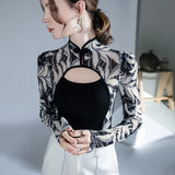 Hulianfu Printed Mesh Sexy Long Sleeve T Shirts Women Hollow Out Chinese Style Vintage Collar Patchwork Tee Shirt