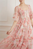hulianfu hulianfu Vacation Floral Print Long Dress Women Short Sleeve Boho Fairy 3 Layers Mesh Pink Fit Flare Party Vestidos Runway Clothes F281