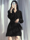 Hulianfu Vintage Notched Black Long Sleeve Jacket Slim Blazer Mini Dresses for Women Korean Fashion Sexy Casual Bodycon Dress Autumn