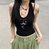 Gothic Grunge Print Sleeveless Halter Top Summer Crop Tops Women Sexy Backless Tanks Vest Trim Streetwear Basic Y2K Knit