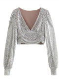 hulianfu  Women's Silver Sequins Blouse Female Fashion Puff Sleeve V Neck Short Pleated Shirt Tops Spring Chic Sexy Street Wear