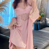 hulianfu Summer Female Lace Nighty&Robe Set Women Bathrobe Gown Nightgown Suit Lingerie Satin Kimono Sleepwear Home Dress Loungewear