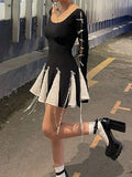 Lace Up High Waist Dress For Women Folds Splice Bodycon Mini Dress Hot Girls Street Slim See Through Dresses Woman Autumn